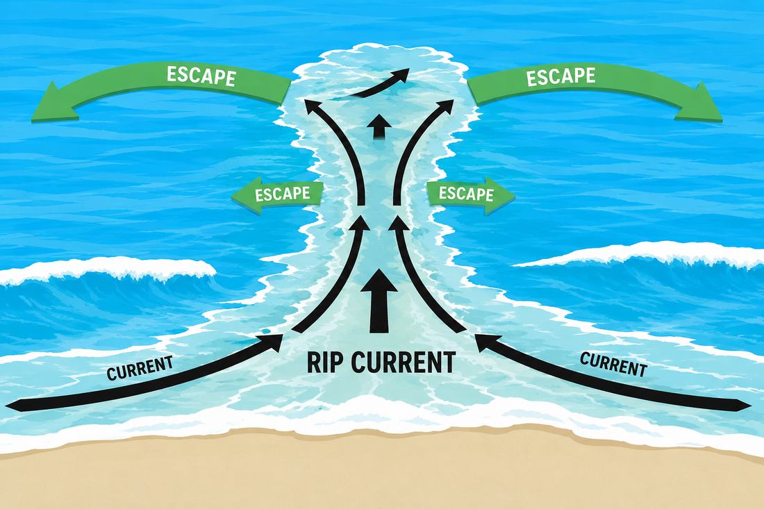 Diagram of a rip current: the current pulls straight out from the beach, and the escape route is to swim parallel to the shore in either direction