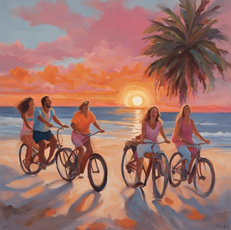 Friends riding bicycles on the beach at sunset