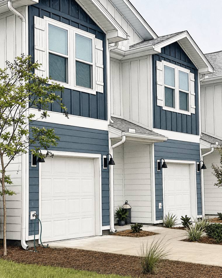 Navy and white coastal townhome exterior at Palmeras Marinas
