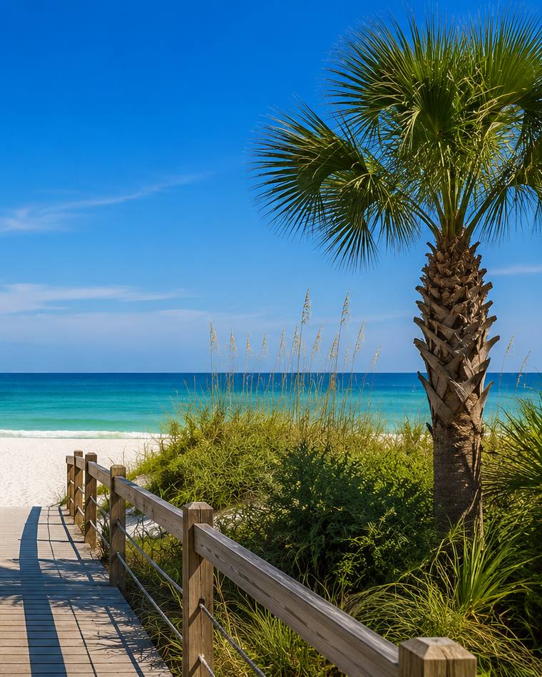 Boardwalk through the sea oats to the white sand and turquoise Gulf