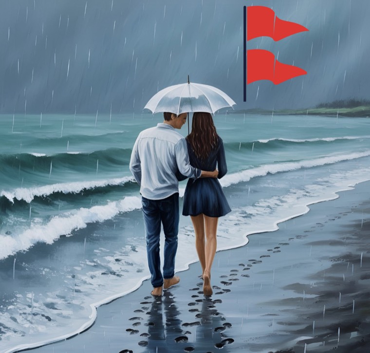 Couple walking the beach in the rain under double red flags