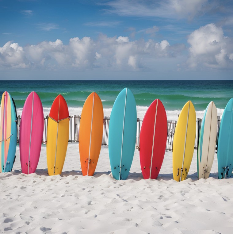 Row of colorful surfboards on the white sand