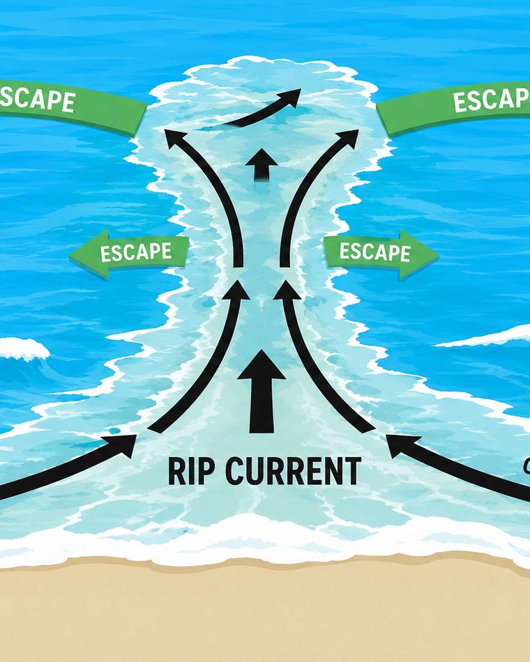 Rip current diagram showing how to escape by swimming parallel to shore