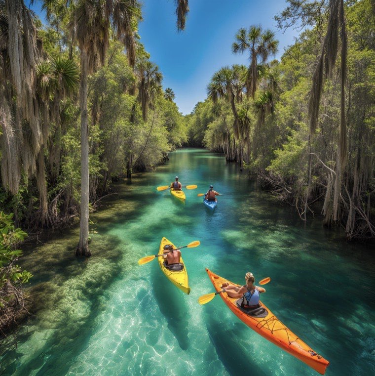 Kayakers paddling a clear Florida freshwater spring